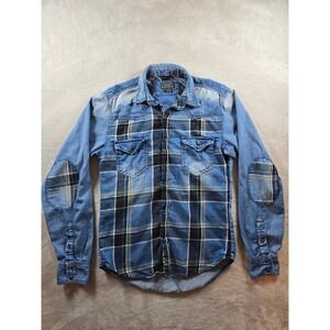Zara Man Denim Couture Shirt Mens M Fit S Slim Fit Blue Plaid Elbow Patch *Read